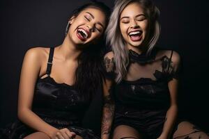 two young women in black dresses laughing and smiling generative ai photo