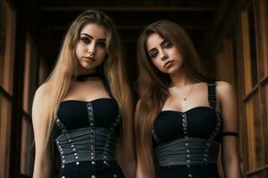 two young women in black corsets standing next to each other generative ai photo