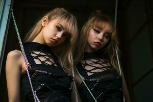 two young women in black outfits with chains around their necks generative ai photo