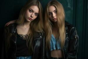 two young women in leather jackets posing for the camera generative ai photo