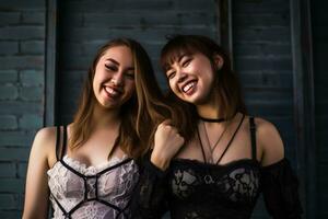 two young women in lingerie posing for the camera generative ai photo