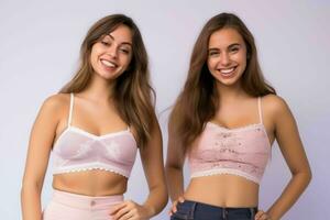 dos joven mujer en rosado bralettes posando para el cámara generativo ai foto