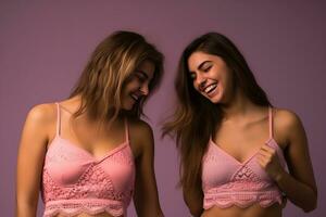 two young women in pink bralettes laughing and smiling generative ai photo