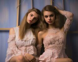 two young women in pink dresses posing for the camera generative ai photo