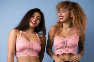 two young women in pink crocheted bras posing for the camera generative ai photo