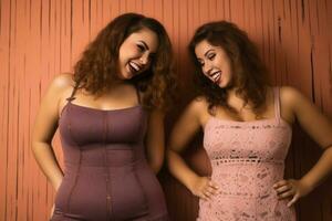 two young women in pink dresses standing next to each other photo