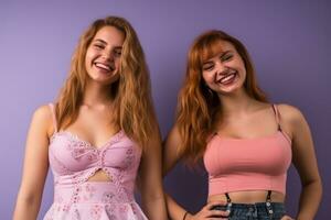 two young women in pink dresses posing for the camera generative ai photo