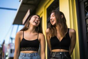 two young women laughing and smiling in front of a building generative ai photo