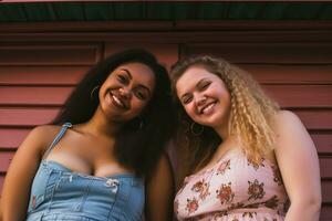 two young women posing for a photo in front of a pink building generative ai