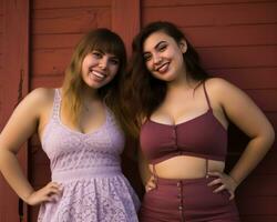 two young women posing for a photo in front of a red barn generative ai