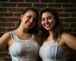 two young women posing for a photo in front of a brick wall generative ai