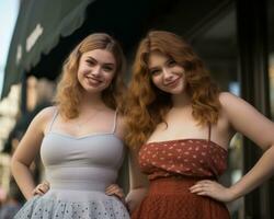 dos joven mujer posando para un foto en el calle generativo ai