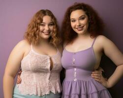 two young women posing for the camera in a purple background generative ai photo