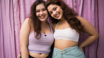 two young women posing for the camera in front of a purple curtain generative ai photo