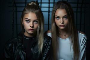 two young women posing for the camera in front of a dark background generative ai photo