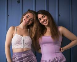 two young women posing for the camera against a blue wall generative ai photo