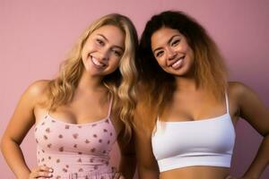 two young women posing for the camera on a pink background generative ai photo