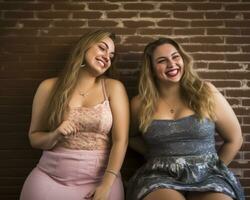 two young women sitting next to a brick wall generative ai photo