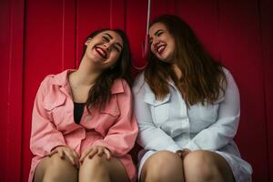 two young women sitting on a red wall generative ai photo