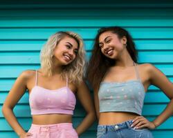 two young women smiling in front of a blue wall generative ai photo
