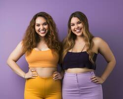 two young women standing next to each other on a purple background generative ai photo