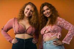 two young women standing next to each other on an orange background generative ai photo