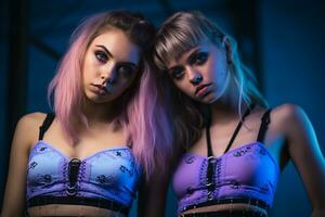 two young women with pink hair posing for the camera generative ai photo