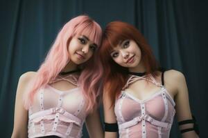 two young women with pink hair posing for the camera generative ai photo