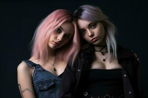 dos joven mujer con rosado pelo posando para el cámara generativo ai foto