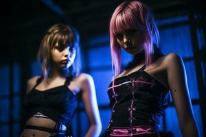 two young women with pink hair standing next to each other photo