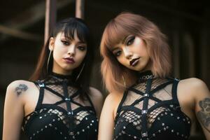 two young women with tattoos and piercings standing next to each other generative ai photo