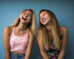two young women laughing in front of a blue background generative ai photo