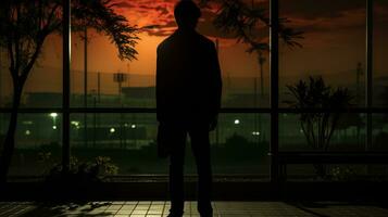 silhouette of a man standing in front of a window at sunset generative ai photo