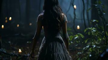 a woman in a long dress walking through a forest at night generative ai photo