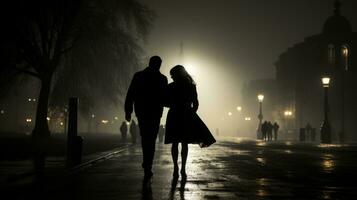 silhouette of a couple walking in the rain at night generative ai photo