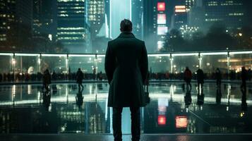 a man standing in front of a city at night photo