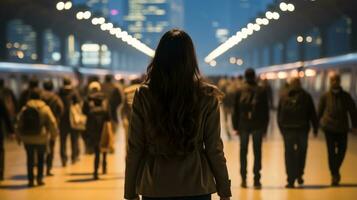 un mujer en pie en el medio de un tren estación a noche generativo ai foto