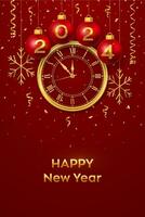 Happy New Year 2024. Hanging red Christmas bauble balls with realistic gold 3d numbers 2024 and snowflakes. Watch with Roman numeral and countdown midnight, eve for New Year. Merry Christmas. Vector. vector