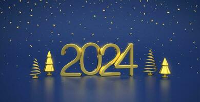 Happy New 2024 Year. 3D Golden metallic numbers 2024 with gold metallic cone shape pine, spruce trees and confetti on blue background. Xmas background, card, header. Realistic vector illustration.