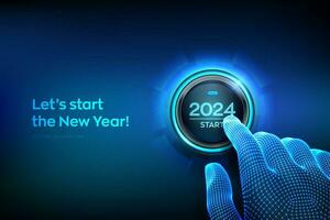 2024 start. Finger about to press a button with the text 2024 start. Happy new year. New Year two thousand and twenty three is coming concept. Vector illustration.