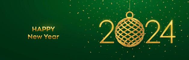 Happy New 2024 Year. Hanging Golden metallic numbers 2024 with shining 3D gold ball bauble and confetti on green background. New Year greeting card, banner, header template. Vector illustration.