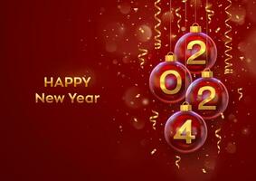 Happy New Year 2024. Golden metal 3D numbers 2024 in glass bauble. Hanging Christmas balls, glitter confetti on red background. Greeting card. Holiday Xmas poster, banner, flyer. Vector Illustration.