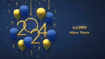 Happy New 2024 Year. Hanging Golden metallic numbers 2024 with 3D festive helium balloons and falling confetti on blue background. New Year, Xmas greeting card, banner template. Vector illustration.