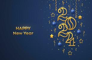 Happy New 2024 Year. Hanging Golden metallic numbers 2024 with shining 3D metallic stars, balls and confetti on blue background. New Year greeting card, banner template. Realistic Vector illustration.