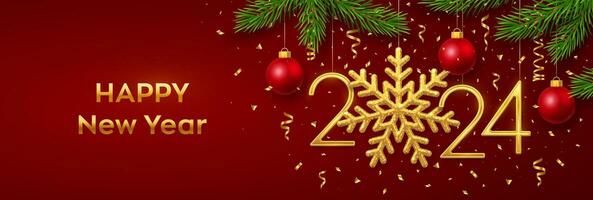 Happy New 2024 Year. Hanging Golden metallic numbers 2024 with snowflake, balls, pine branches and confetti on red background. New Year greeting card or banner template. Holiday decoration. Vector. vector