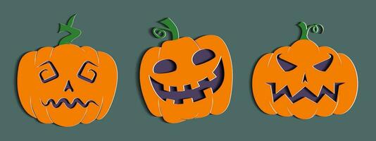 Halloween pumpkin set with unique expresion in paper cut style. vector