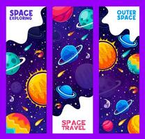 espacio viaje y explorar pancartas, galaxia planetas vector