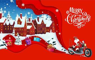 Christmas paper cut banner with Santa on bike vector