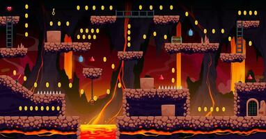 Arcade game volcano cave level map with platforms vector