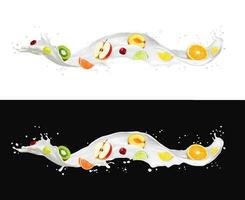 Fresh fruits, milk or yoghurt splash wave, drops vector